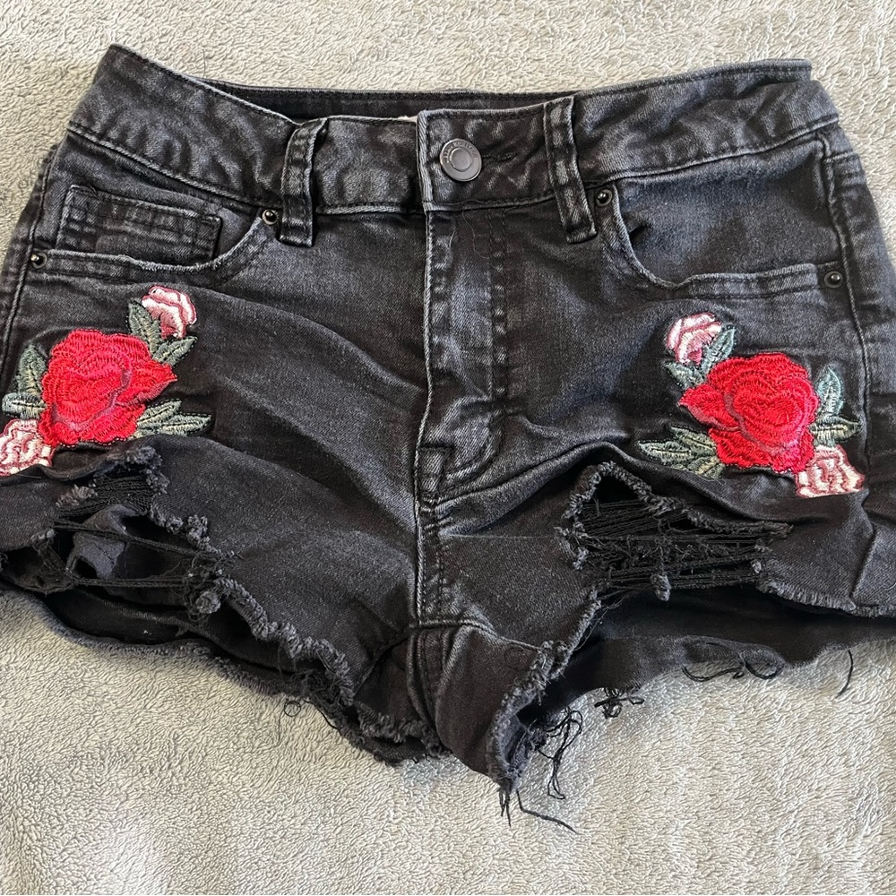 Women’s Distressed Black Jean Shorts with Embroidered Roses